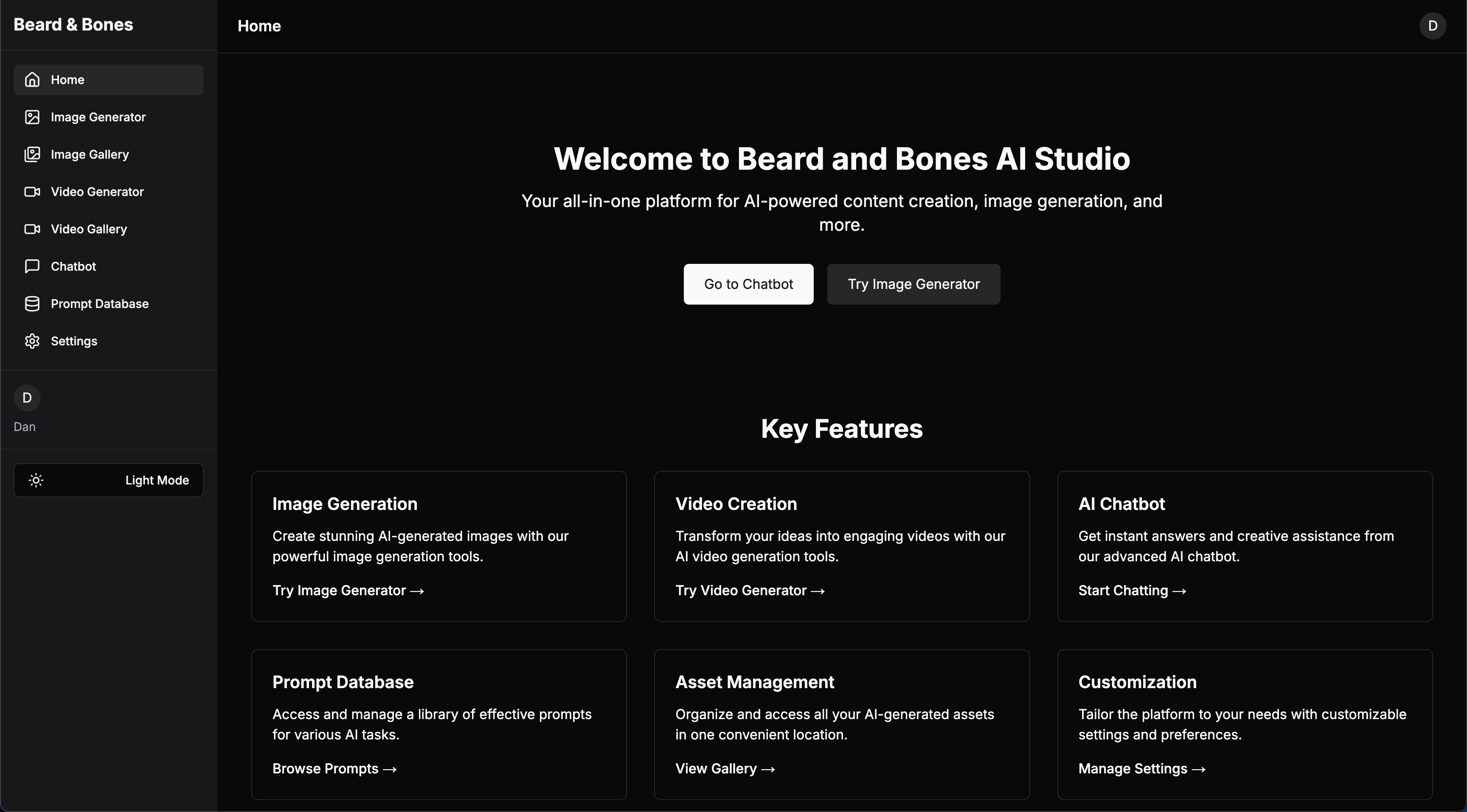 Beard and Bones AI Studio Homepage Screenshot