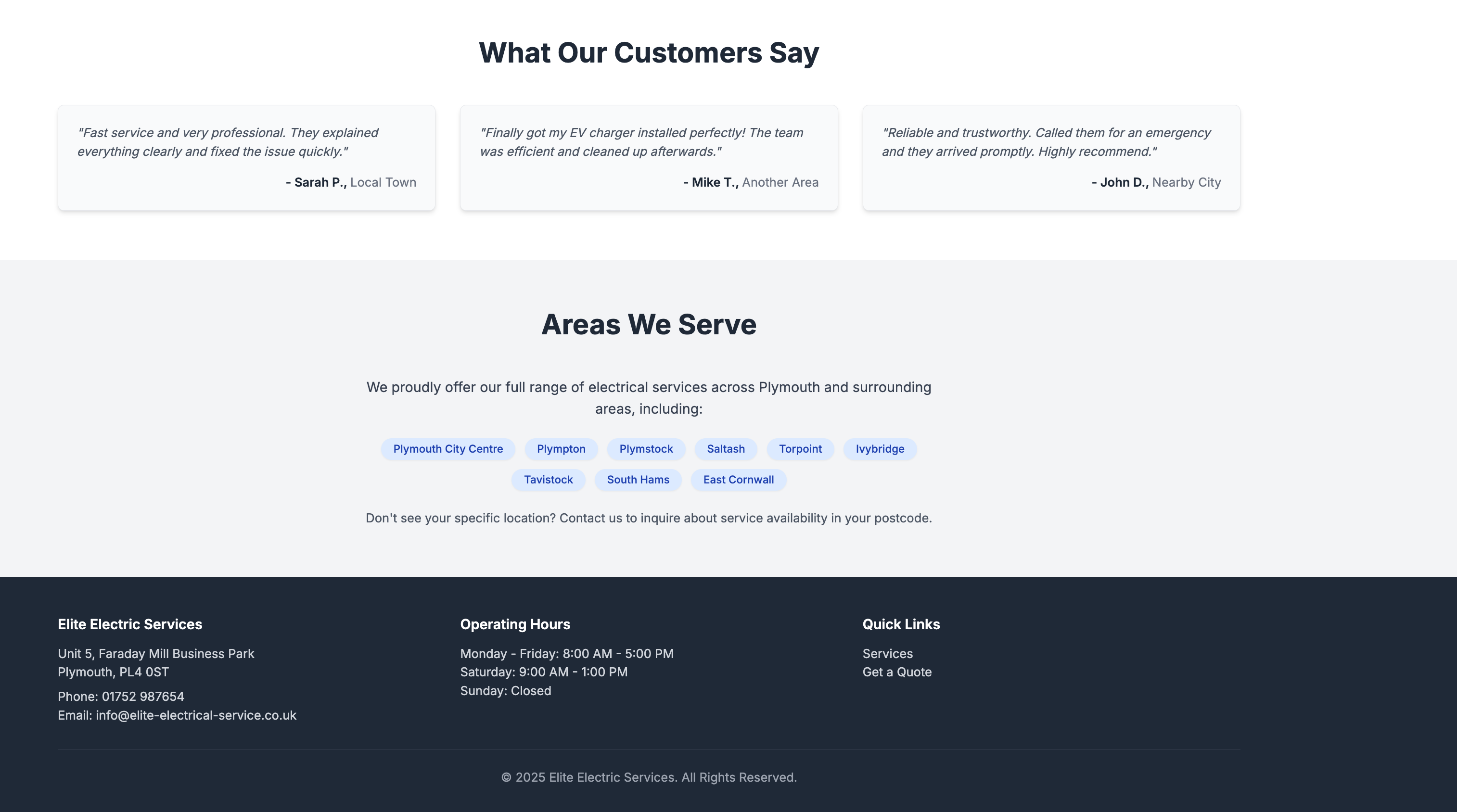 Elite Electric Testimonials, Service Area, and Footer