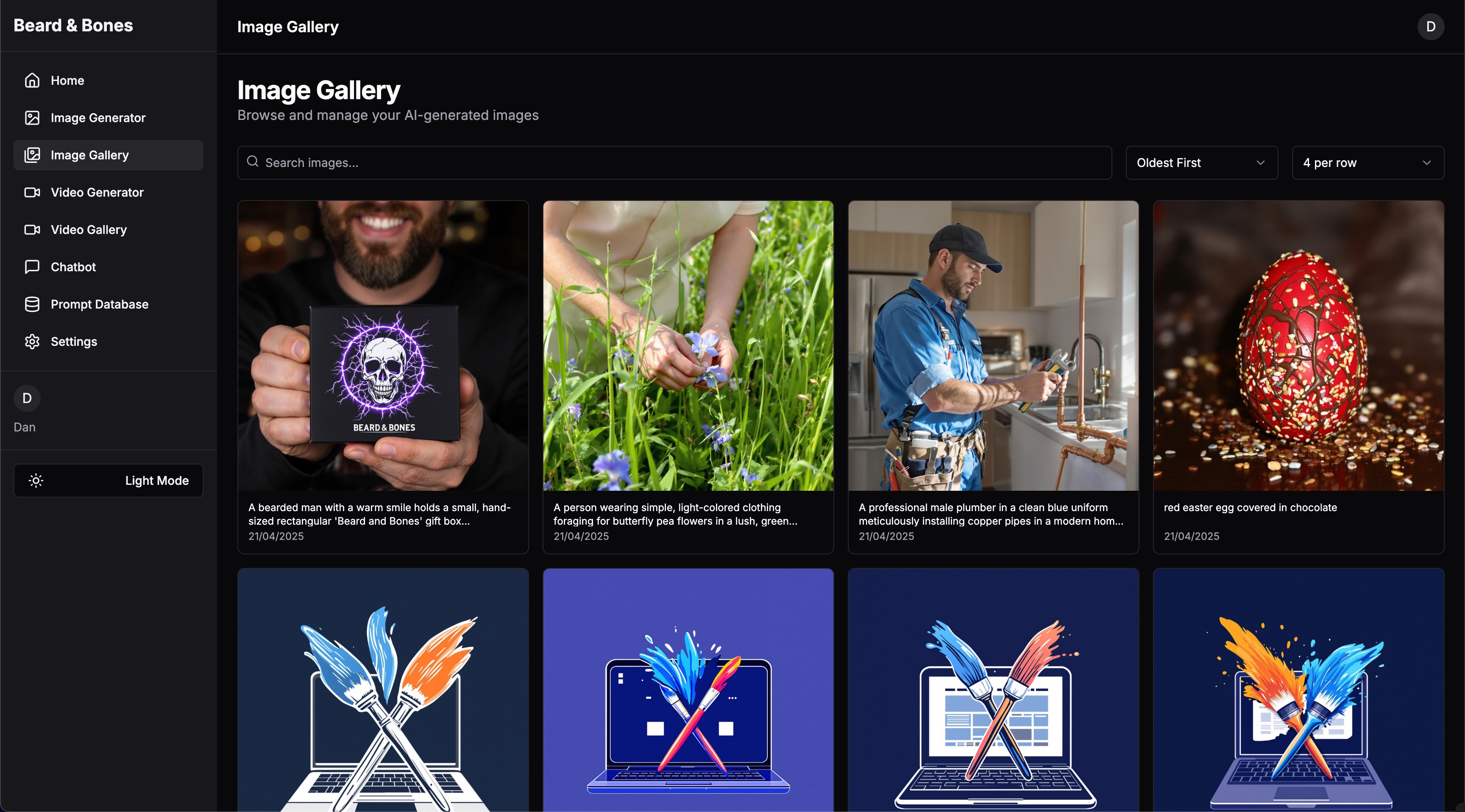 Image Gallery Interface showing generated images and prompts