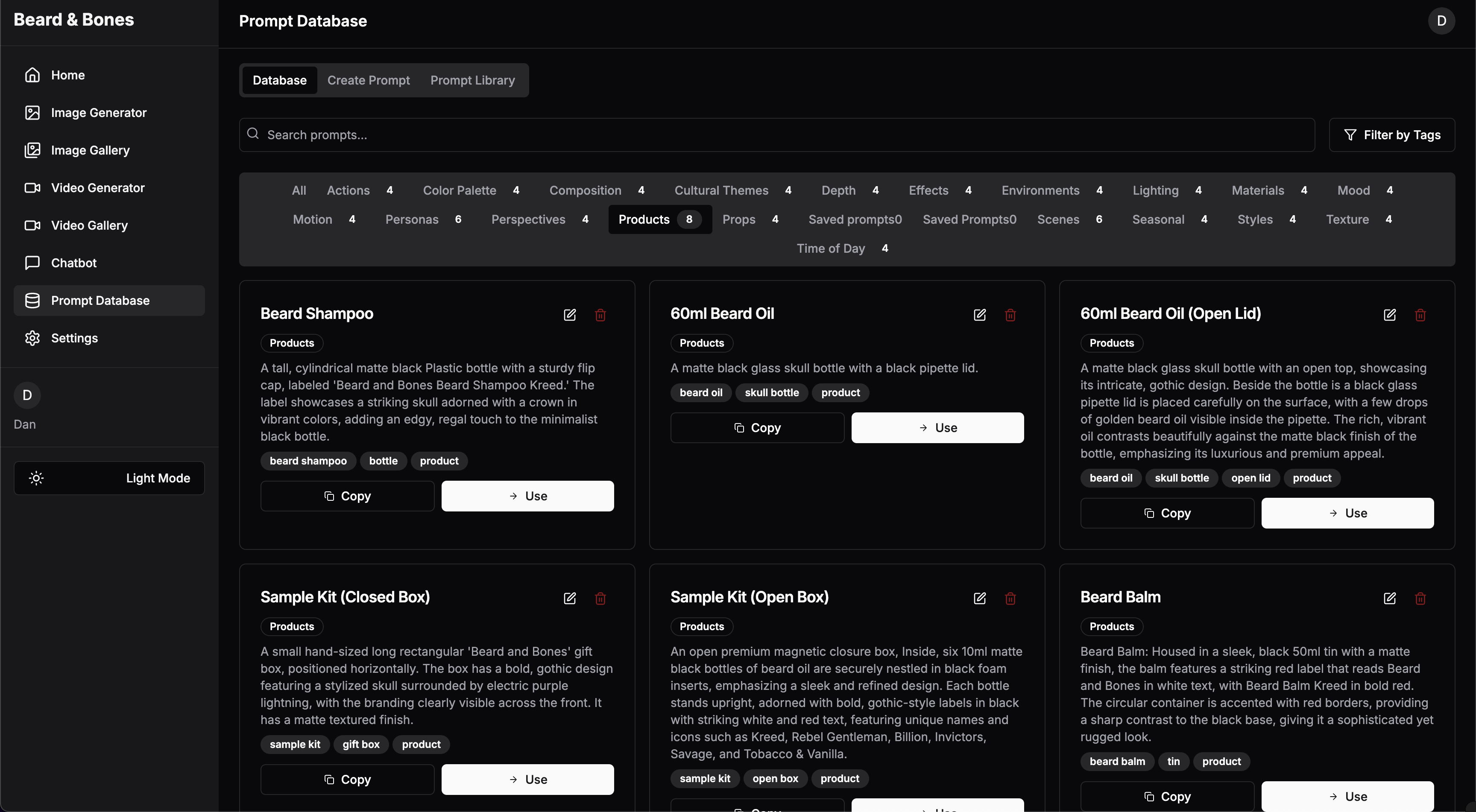 Prompt Database interface with categories, tags, and prompts