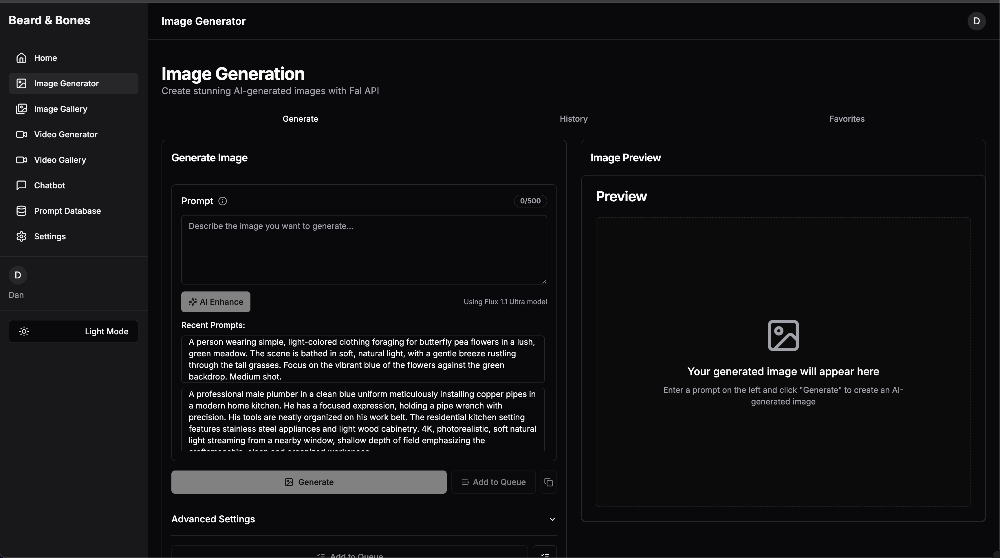 AI Image Generator Interface with Prompt History